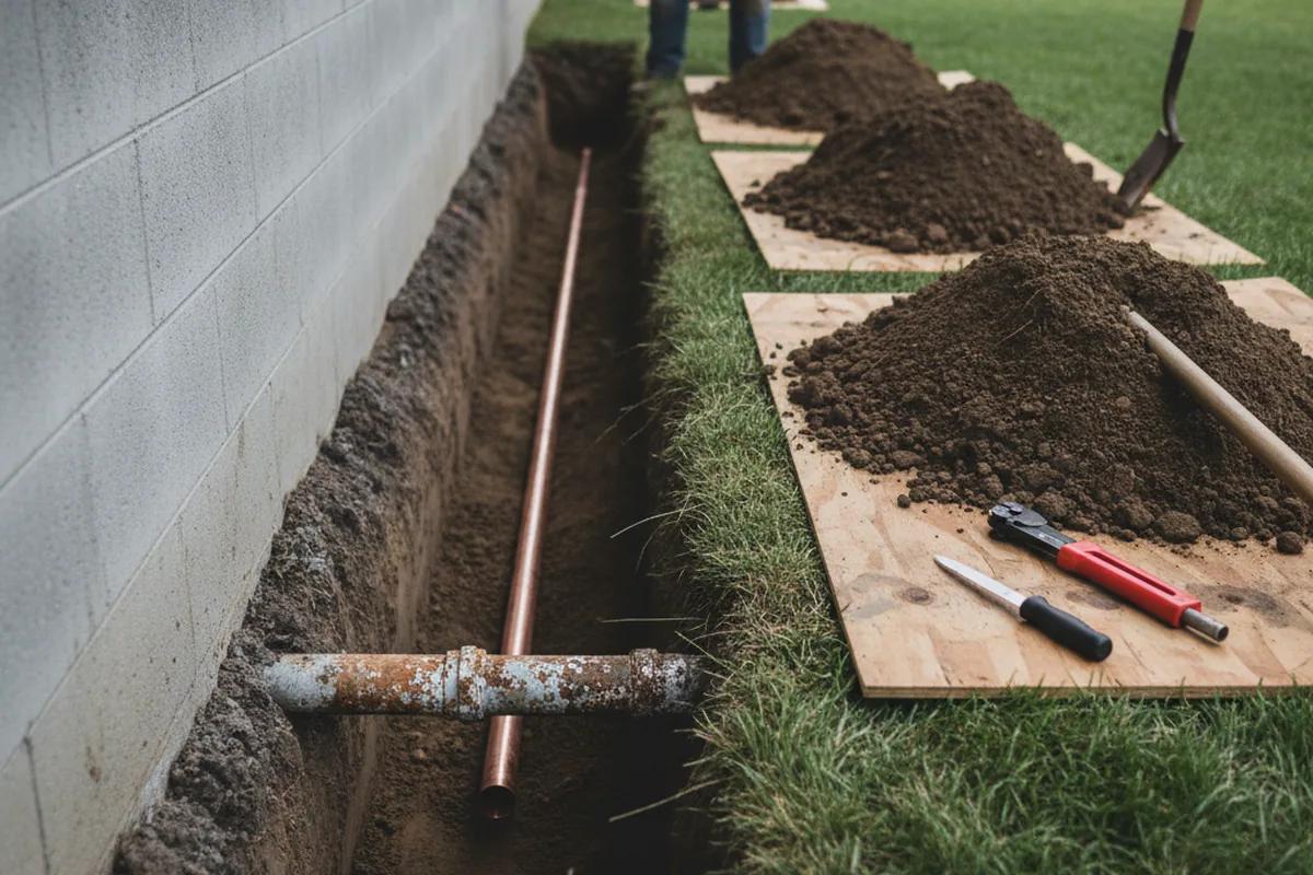 Excavated water line trench during Water Softener Installation in Lomita